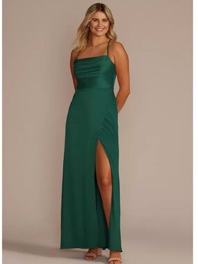 David's Bridal Juniper Green Stretch Charmeuse Cowl Neck Dress